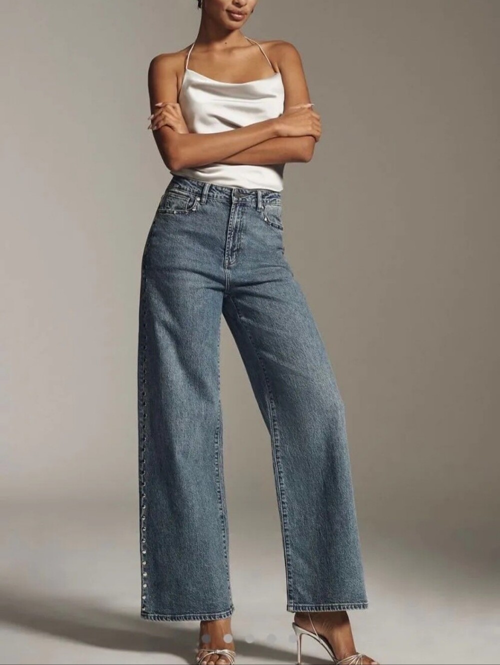 Habitual (Anthropologie) Gemma Wide Leg Studded Slouch Jeans | Size 14/32